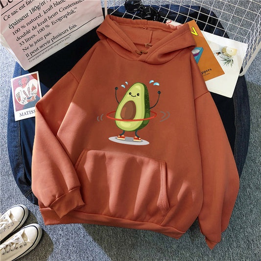 Hoodies Sporty Cartoon Avocado Print Warm New Sweatshirt Wom