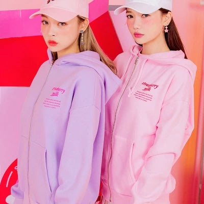 Strawberry Milk Cute Women's Casual Winter Long Sleeve Hoodies Sweatshirt Zipper Jacket Loose Style Pink & Lavendar