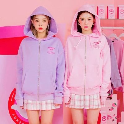 Strawberry Milk Cute Women's Casual Winter Long Sleeve Hoodies Sweatshirt Zipper Jacket Loose Style Pink & Lavendar