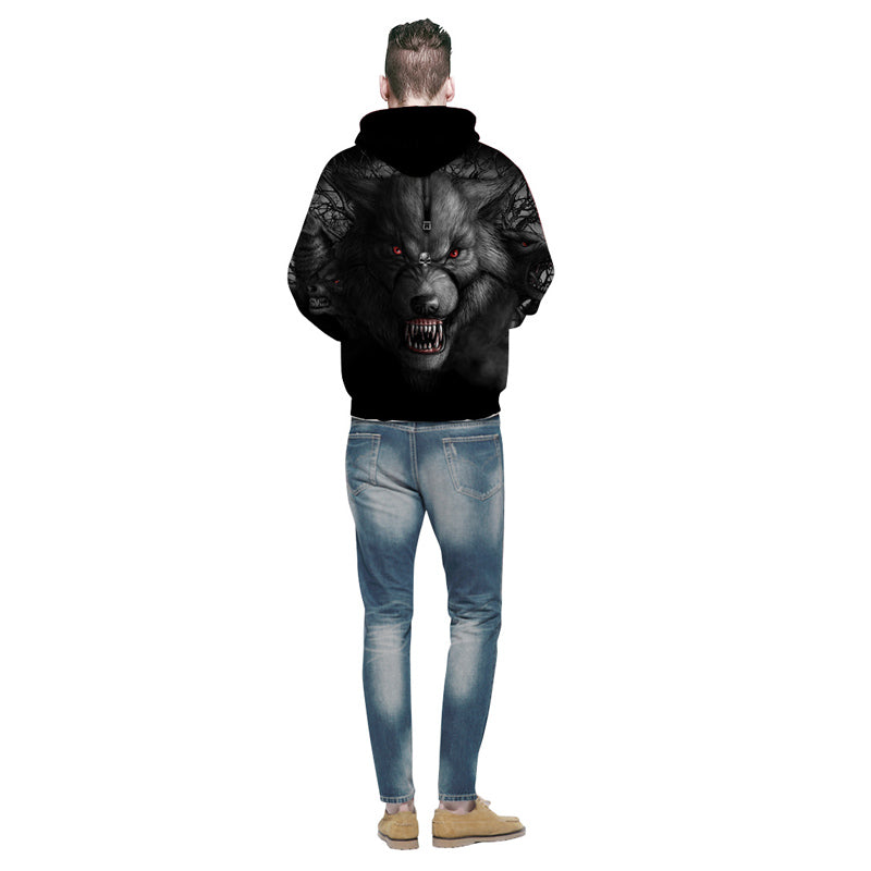 Digitally printed cool wolf hooded long-sleeved sweater