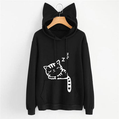 Long Sleeve sleeping cat Hoodie Women