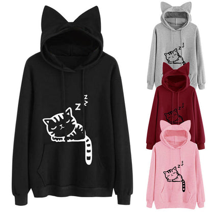 Long Sleeve sleeping cat Hoodie Women