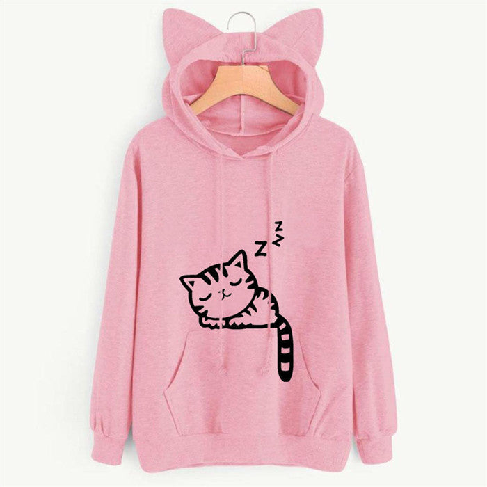 Long Sleeve sleeping cat Hoodie Women