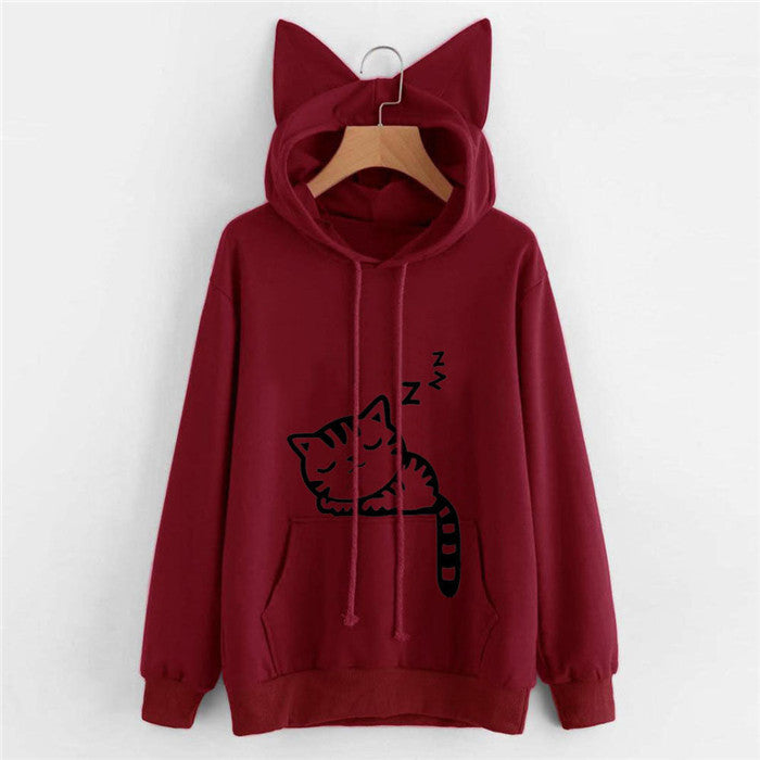 Long Sleeve sleeping cat Hoodie Women