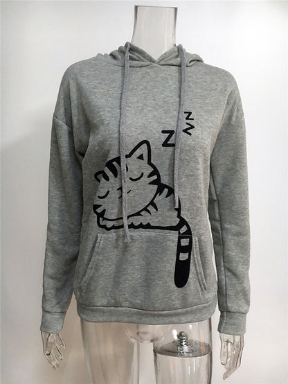 Long Sleeve sleeping cat Hoodie Women