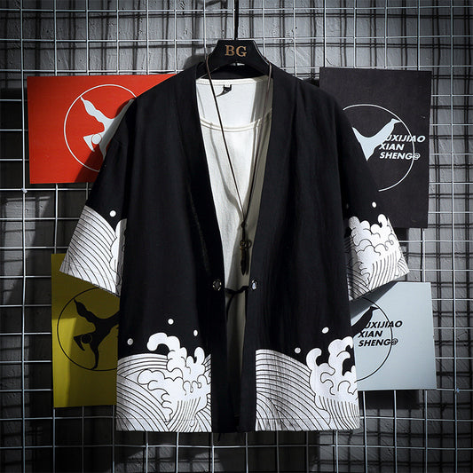 Loose Cotton Linen Robe Hanfu Large Size Men's Japanese Cardigan