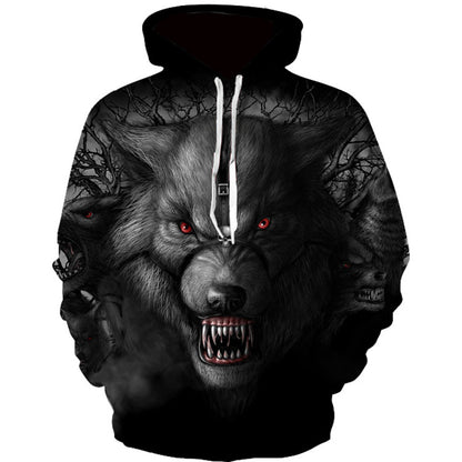 Digitally printed cool wolf hooded long-sleeved sweater