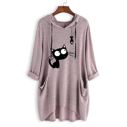 Knit sweater print long-sleeved hooded top