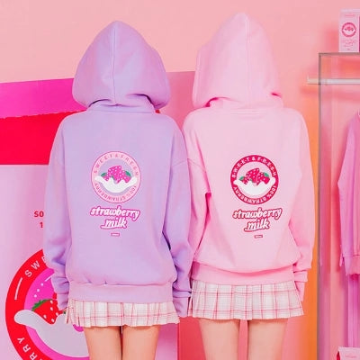 Strawberry Milk Cute Women's Casual Winter Long Sleeve Hoodies Sweatshirt Zipper Jacket Loose Style Pink & Lavendar