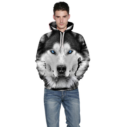 Digitally printed cool wolf hooded long-sleeved sweater