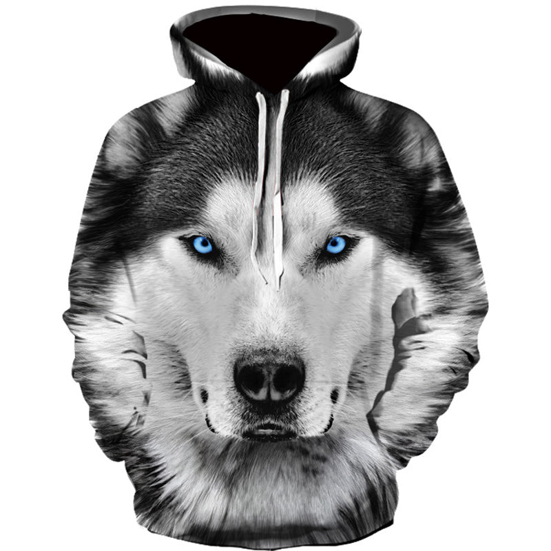 Digitally printed cool wolf hooded long-sleeved sweater