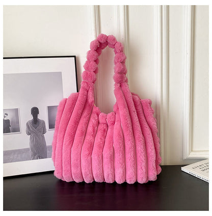 Striped Design Plush Bag Winter Fashion Shoulder Armpit Bags Large Capacity Furry Handbags Portable Cute Shopping Tote Bag