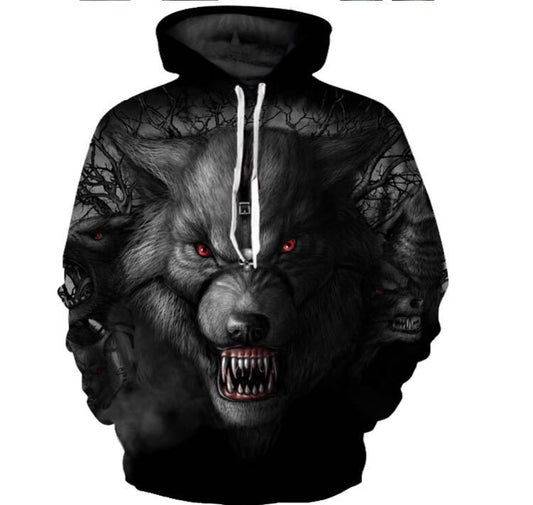 Digitally printed cool wolf hooded long-sleeved sweater