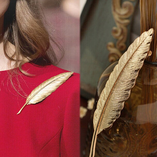 Metallic gold Feather Brooch for men