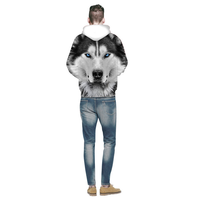 Digitally printed cool wolf hooded long-sleeved sweater