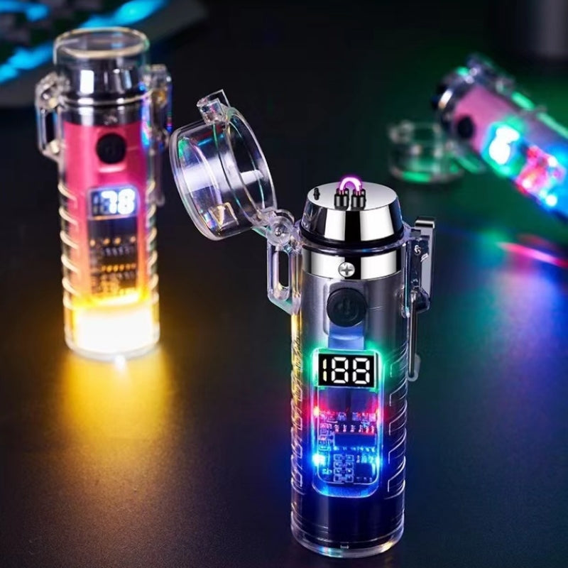 Transparent Shell Dual Arc USB Charging Lighter Outdoor Waterproof LED Colorful Light Power Display Illumination Light Gadgets