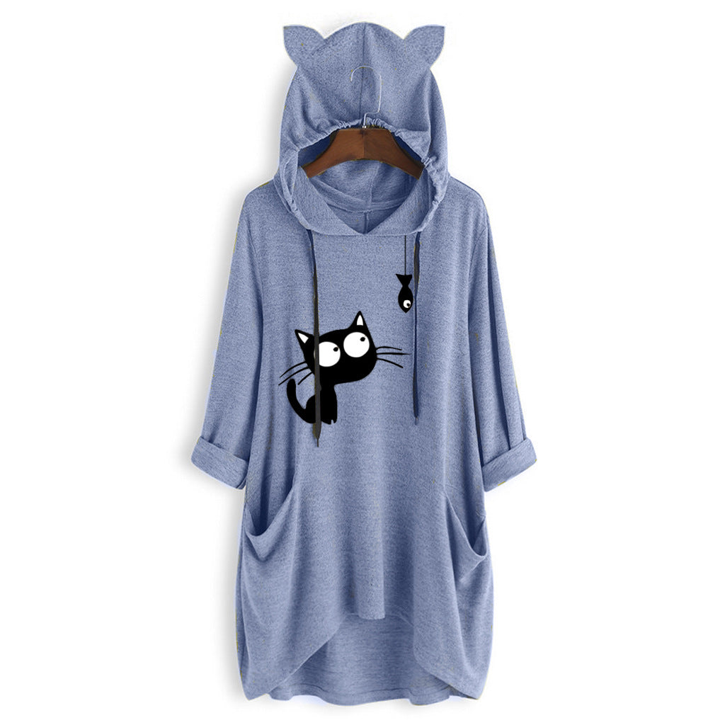 Knit sweater print long-sleeved hooded top