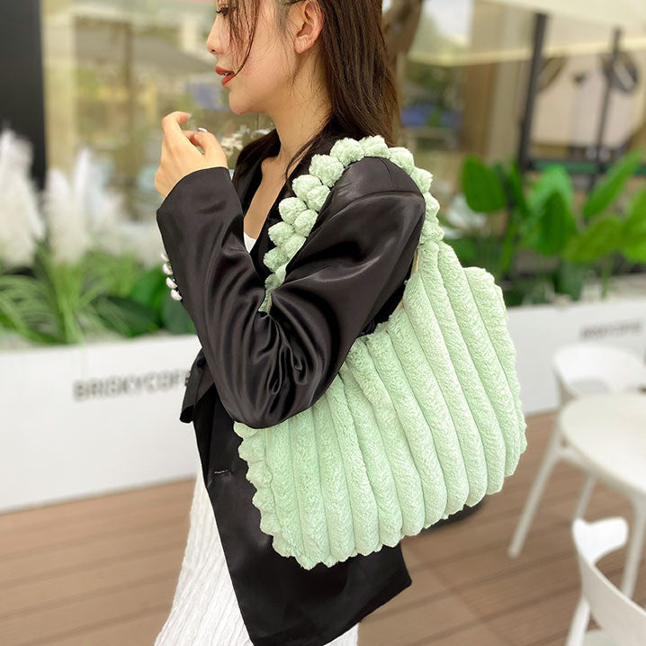 Striped Design Plush Bag Winter Fashion Shoulder Armpit Bags Large Capacity Furry Handbags Portable Cute Shopping Tote Bag