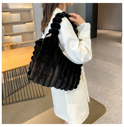 Striped Design Plush Bag Winter Fashion Shoulder Armpit Bags Large Capacity Furry Handbags Portable Cute Shopping Tote Bag