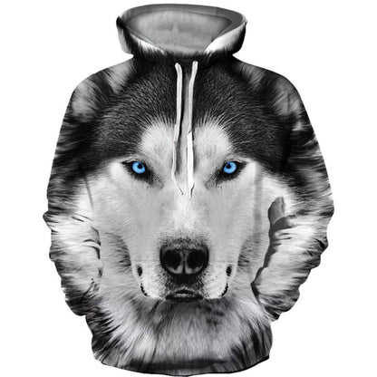 Digitally printed cool wolf hooded long-sleeved sweater