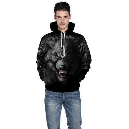 Digitally printed cool wolf hooded long-sleeved sweater