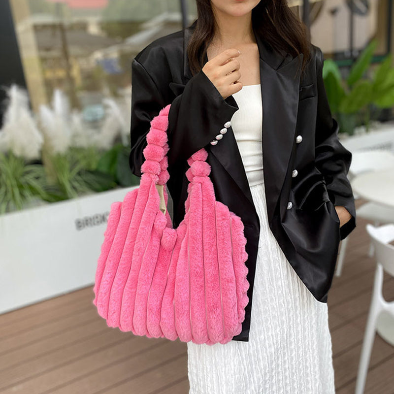 Striped Design Plush Bag Winter Fashion Shoulder Armpit Bags Large Capacity Furry Handbags Portable Cute Shopping Tote Bag