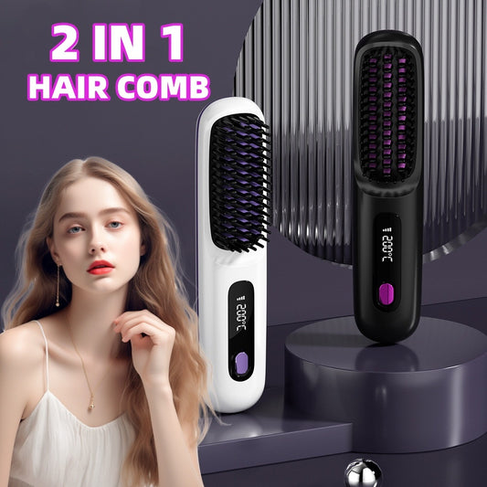 Portable Wireless Heating  2 In 1 Straight Hair Comb Straightener Brush